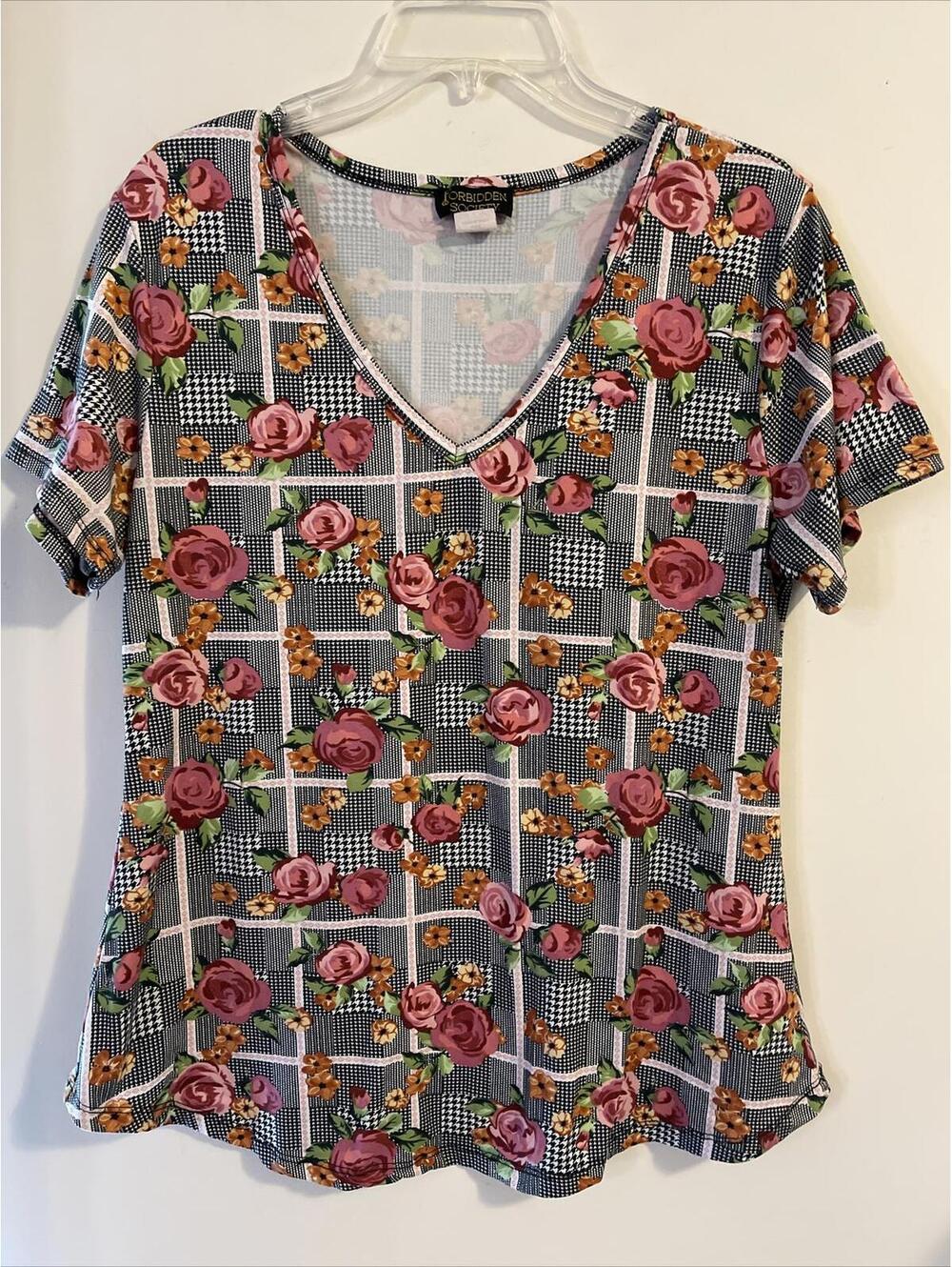 Forbidden Society Womens Medium Striped Black Floral Short Sleeved Shirt! A2565